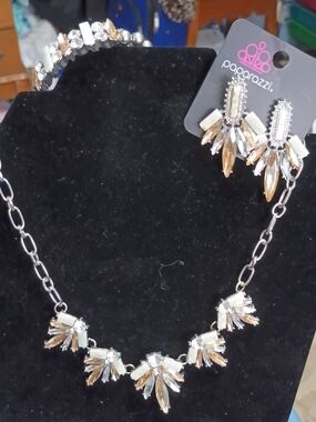 paparazzi Silver Necklace and Earring Set with Gold and White Crystals